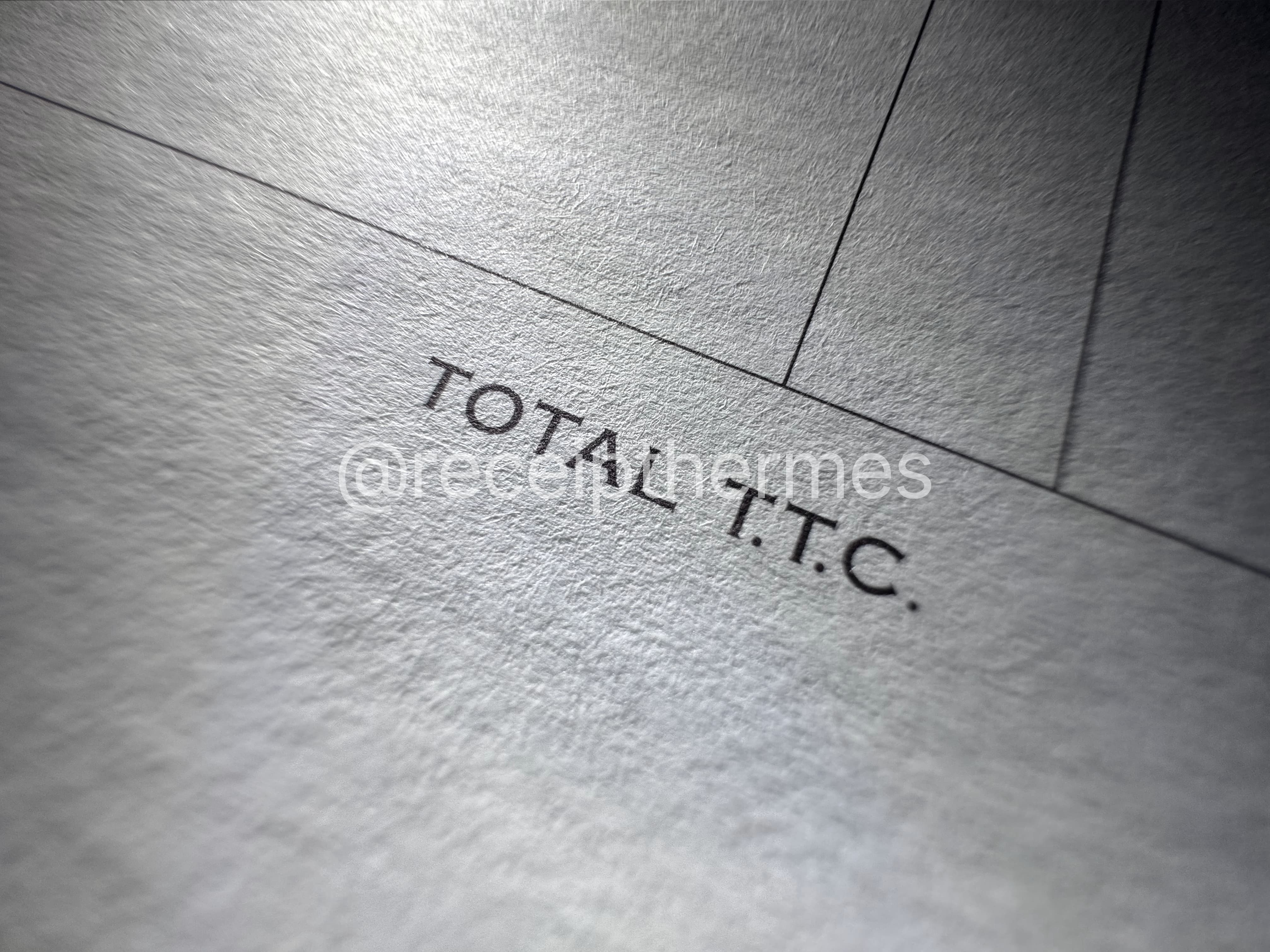 Replacement Hermes receipt macro closeup — TOTAL T.T.C. print detail on authentic paper stock