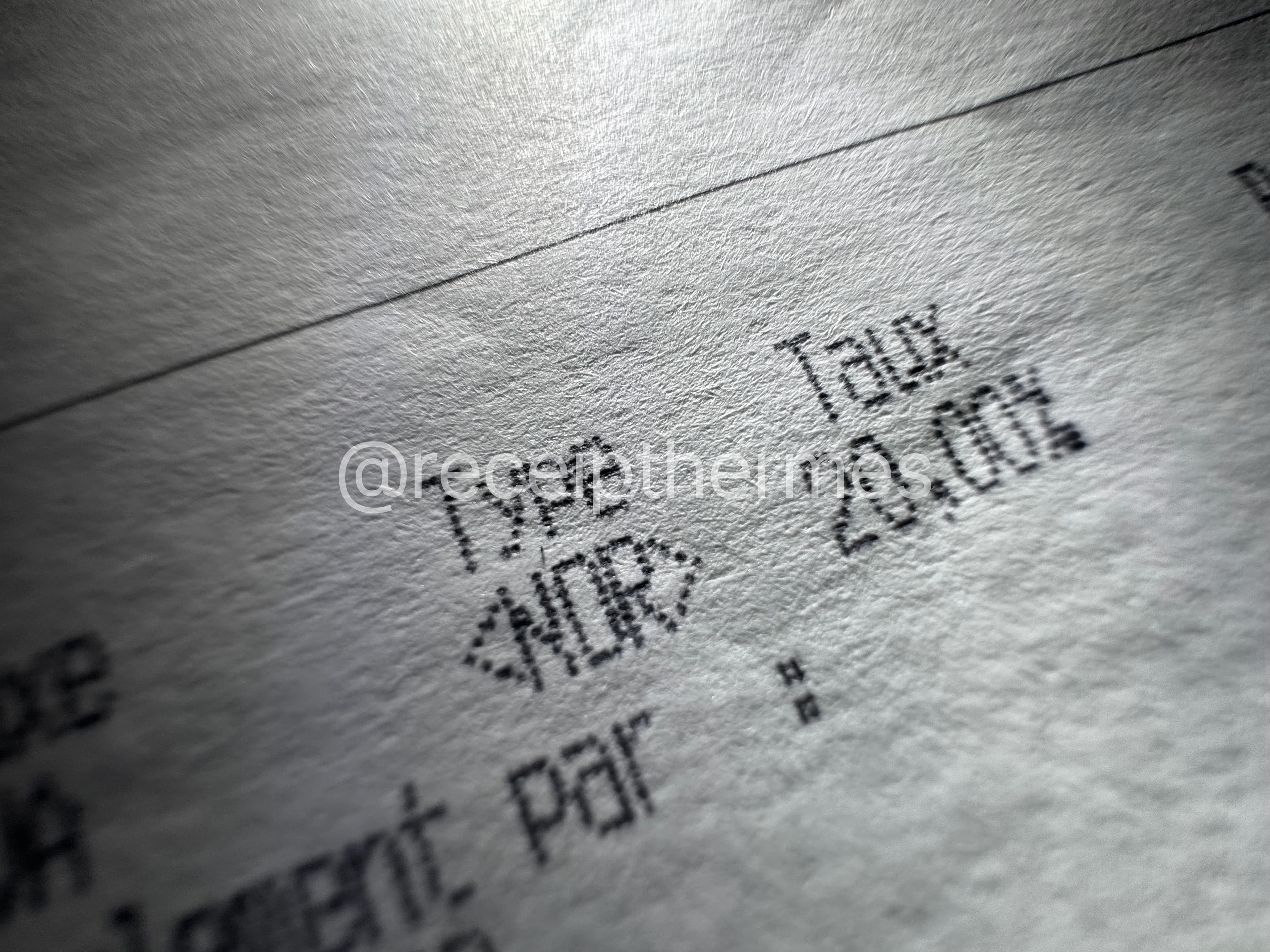 Replacement Hermes receipt macro closeup — needle dotmatrix printing texture showing pin-strike characters